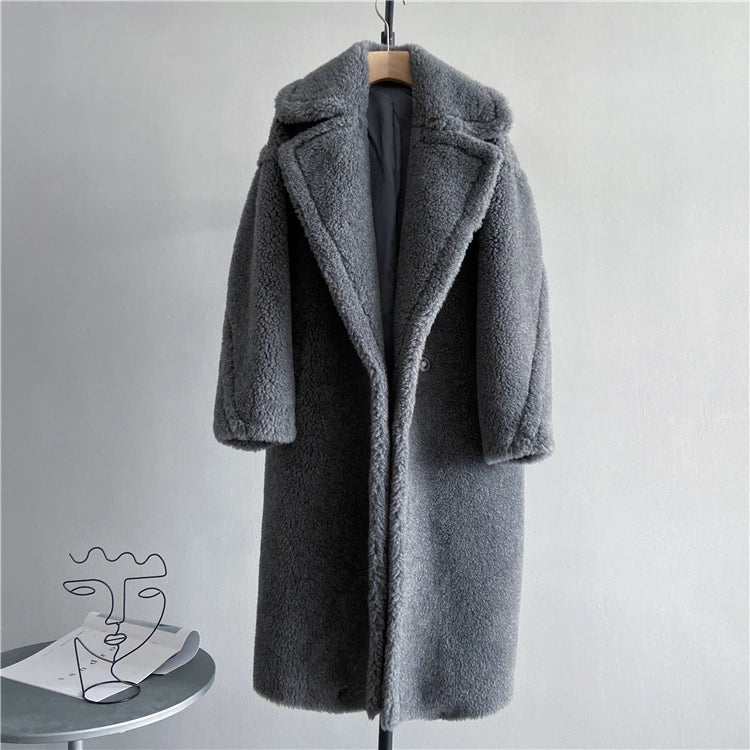 Manteau long femme teddy effet mouton marron chaud