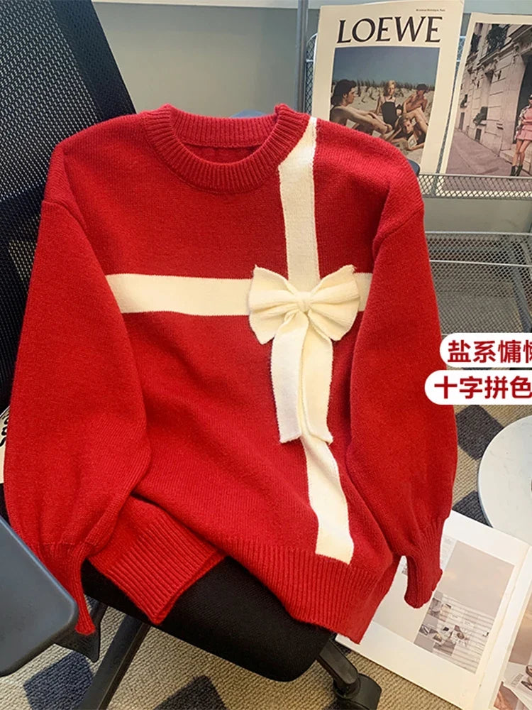 Loose-Fit Red Sweater with White Bow Tie
