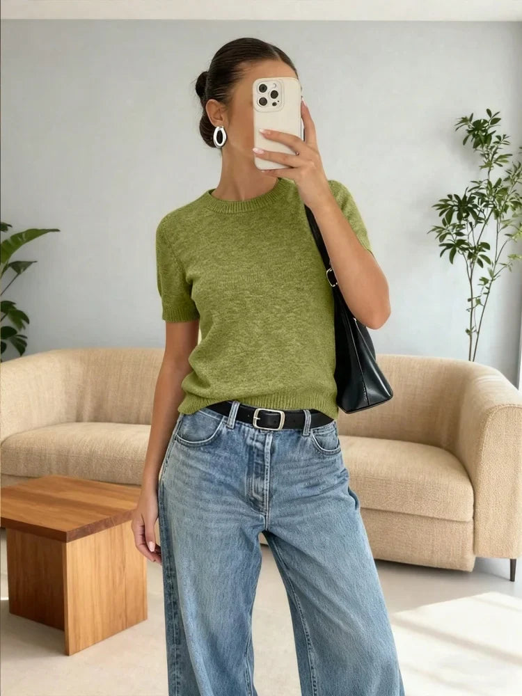 Women's solid-color short-sleeve crew-neck knitted T-shirt