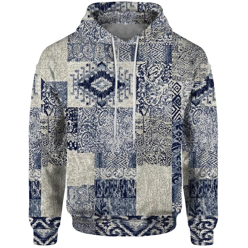 Sudadera con capucha estampada de patchwork con motivos geométricos y florales rojos y beige