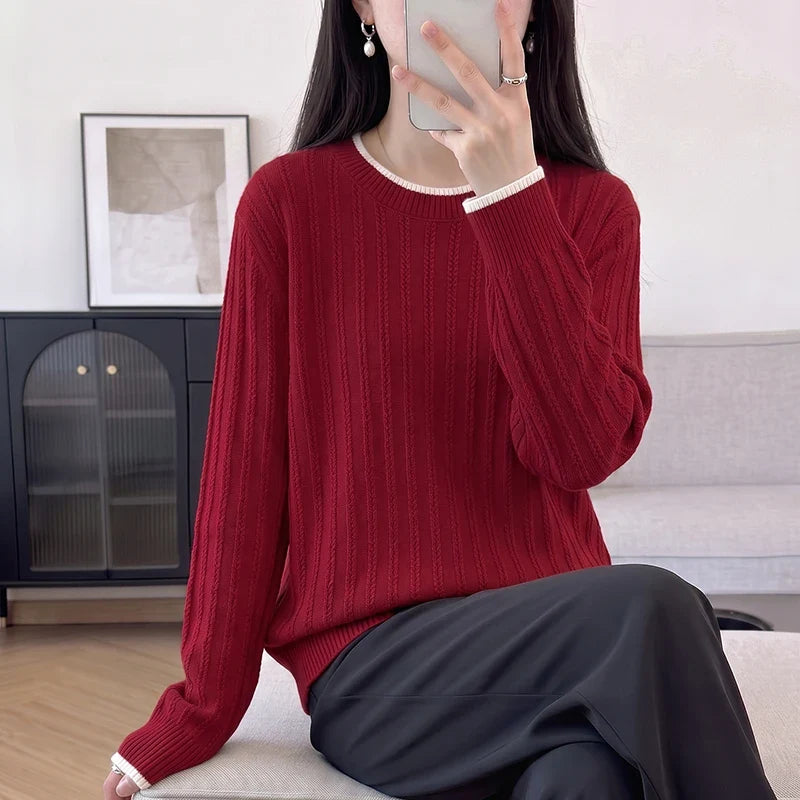 Women's Ribbed Knit Crew Neck Long-Sleeve Sweater with Contrast Finishes