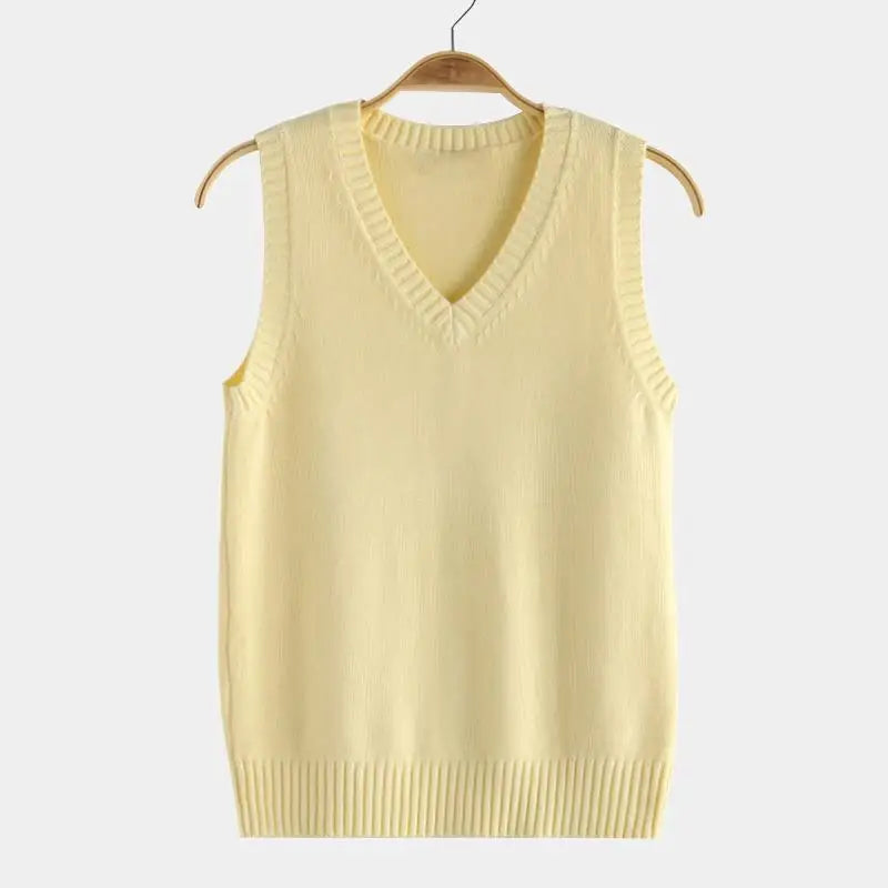 Gilet Pull Tricoté sans Manches Col V Couleur Unie
