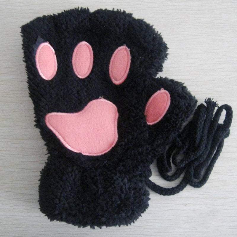 Bright pink plush animal-paw mittens with drawstring