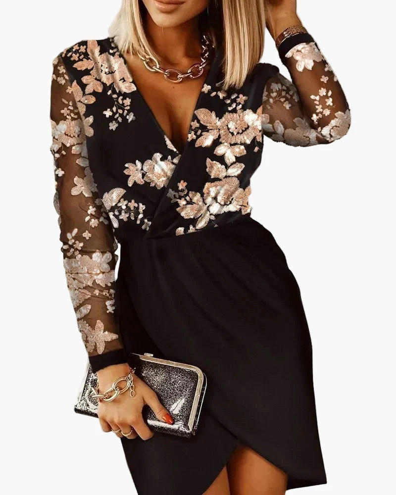 Abito da sera donna elegante stile cocktail con paillettes, maniche lunghe, taglio alla moda