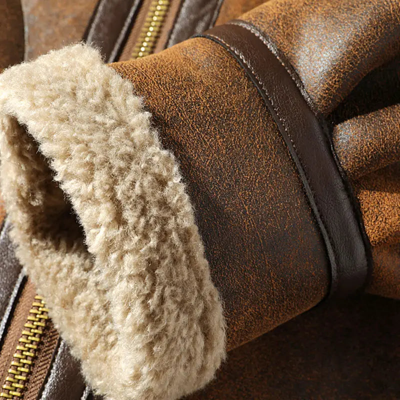 Braune Herren-Fliegerjacke mit Kragen und Kunstpelzfutter