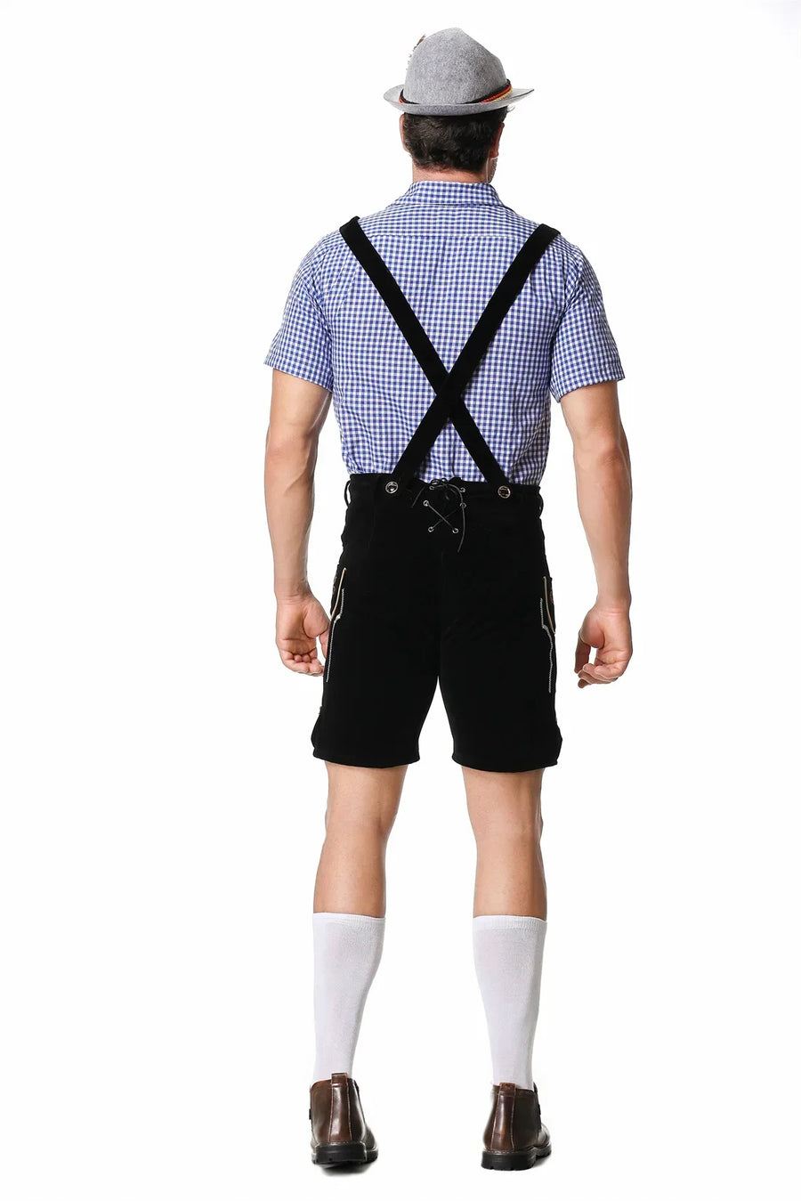Bayerisches Herren-Festkostüm mit karierter Hemd und kurzer Lederhose