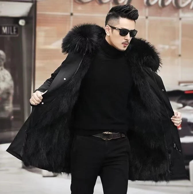 Parka nero da uomo con fodera spessa in finta pelliccia e cappuccio con bordo in pelliccia