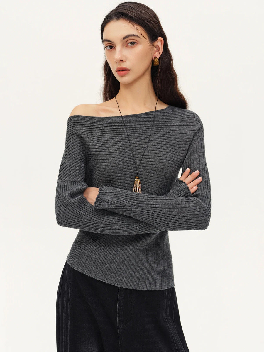 Jersey de mujer de canalé, cuello barco y mangas largas