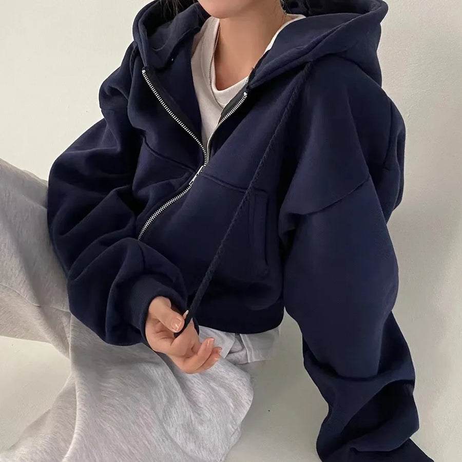 Sudadera corta con capucha y cremallera para mujer, de manga larga y color liso