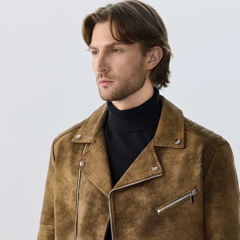Herren-Motorradjacke mit asymmetrischem Schnitt und Reverskragen, verwaschenes Braun