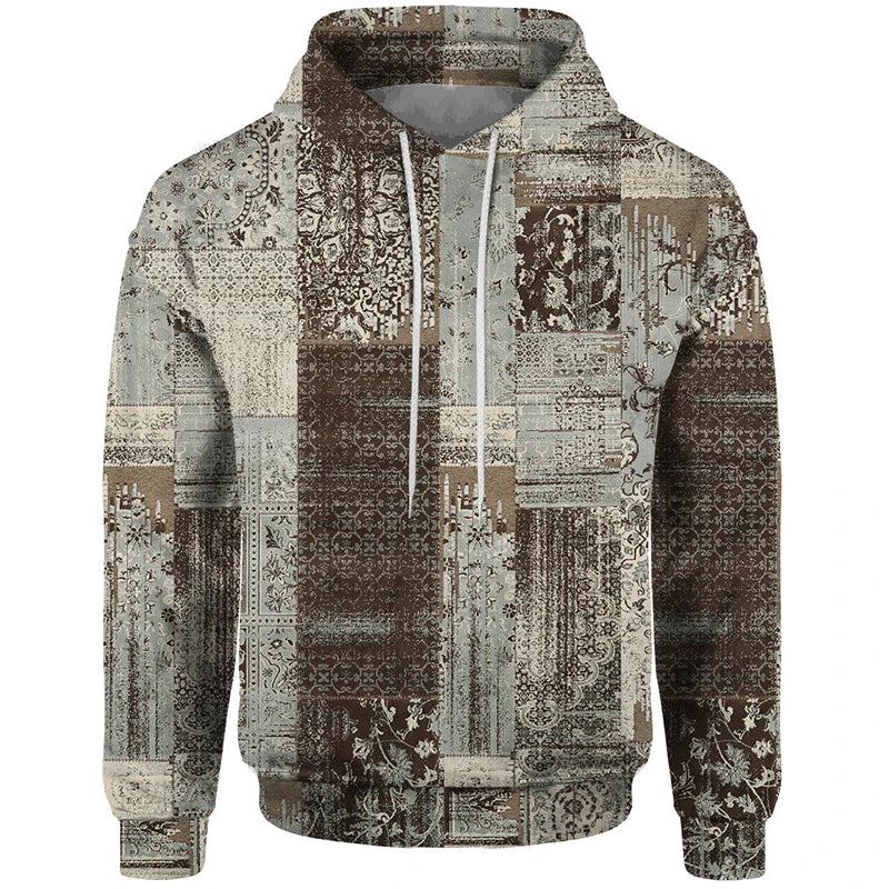 Sudadera con capucha estampada de patchwork con motivos geométricos y florales rojos y beige