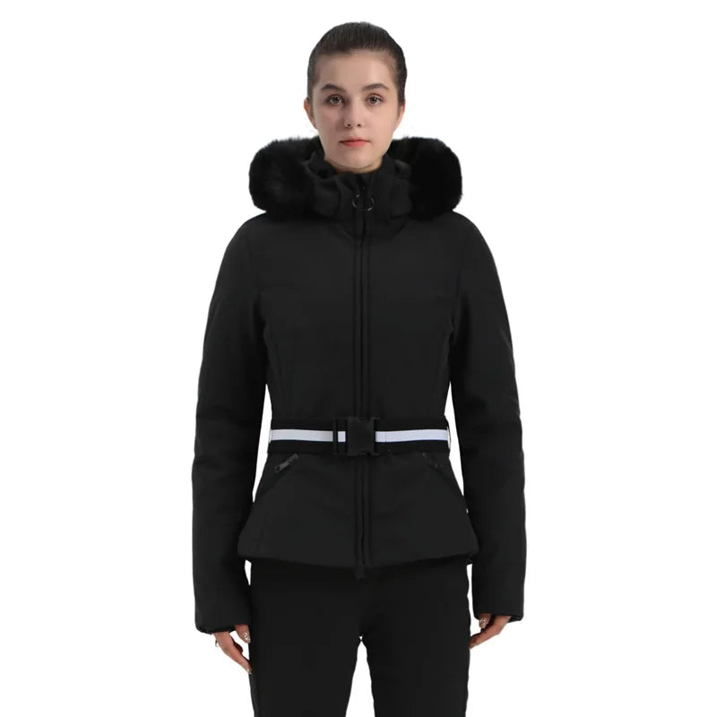 Veste de Ski Femme Motif Pied-de-Poule Noir et Beige avec Capuche et Ceinture