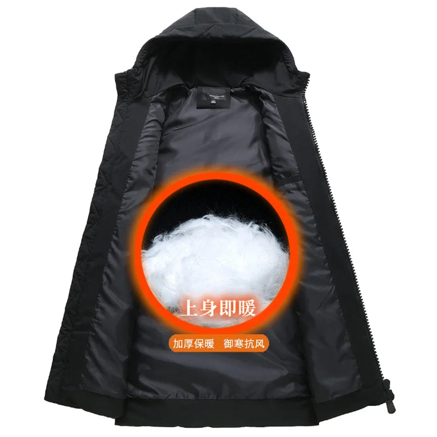 Manteau à capuche homme noir long avec fermeture éclair double et bandes blanches