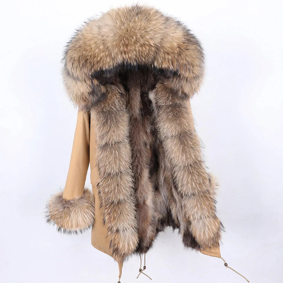 Parka invernale da donna con cappuccio, pelliccia rosa e fodera calda