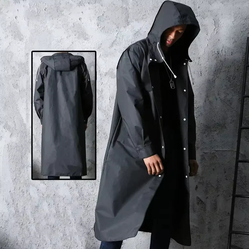 Imperméable Long Noir Unisexe avec Capuche et Boutons