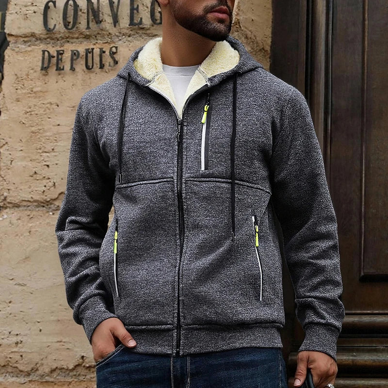 Men's thick, warm black fleece-lined zip-up hoodie