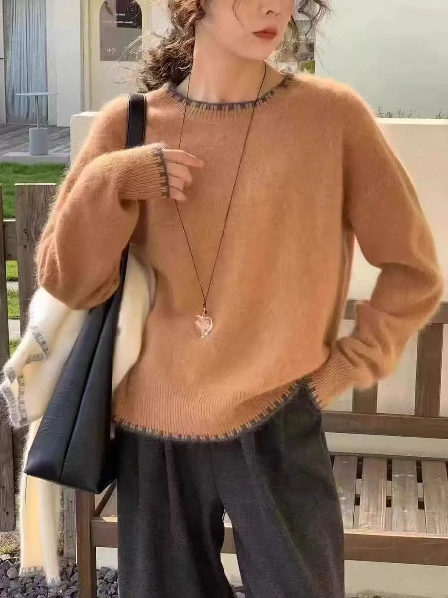 Jersey acogedor de cuello redondo y manga larga para mujer, gris claro