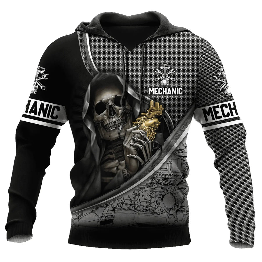 Sweat à Capuche Homme Imprimé Mécanicien Moteur Engrenages Outils
