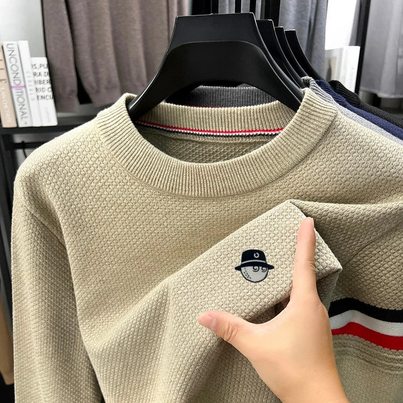 Men's Textured-Knit Crew-Neck Sweater with Side Stripe and Embroidered Motif