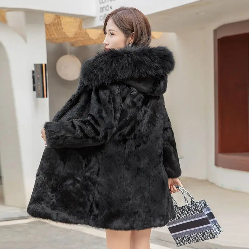 Manteau Femme Fausse Fourrure Noir à Capuche Amovible Long