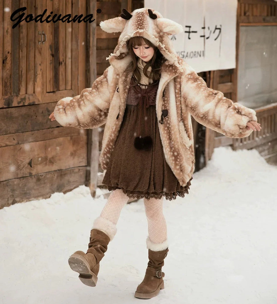 Women's Beige and White Deer-Print Faux Fur Hooded Coat