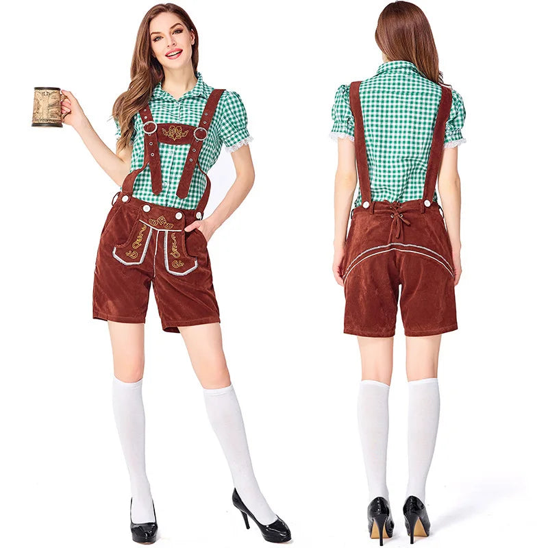 Damen-Lederhosen-Set mit Karomuster, Hemd und Träger-Shorts im bayerischen Stil