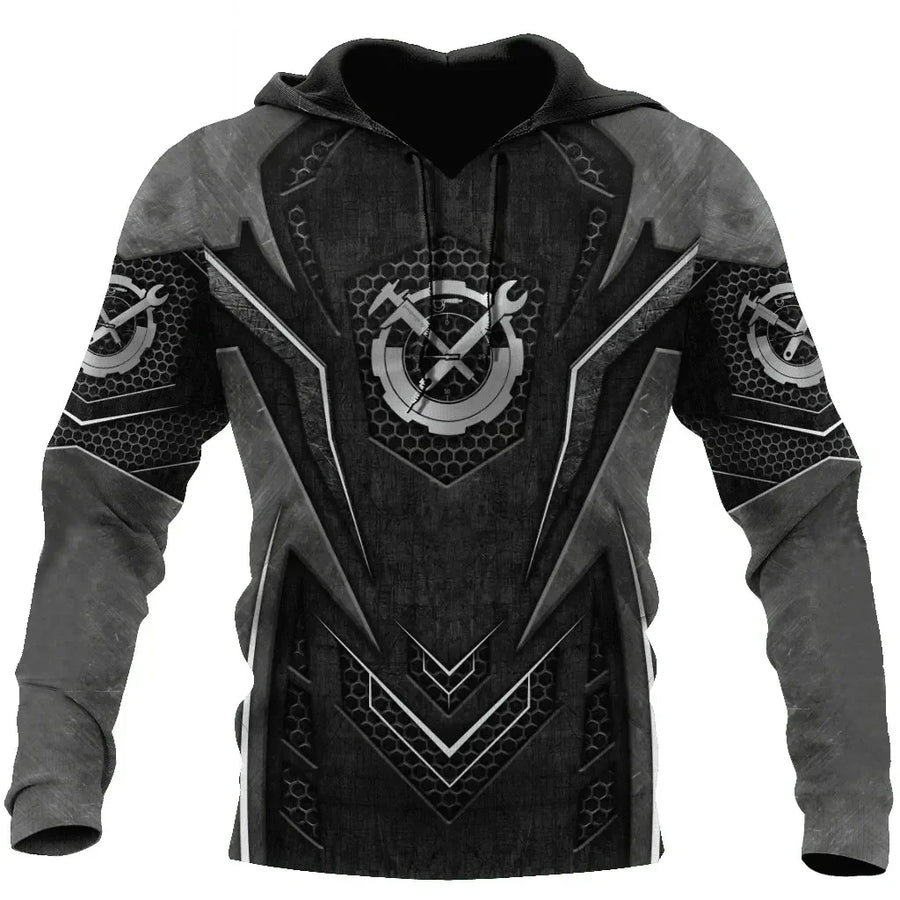 Sweat à Capuche Homme Imprimé Mécanicien Moteur Engrenages Outils