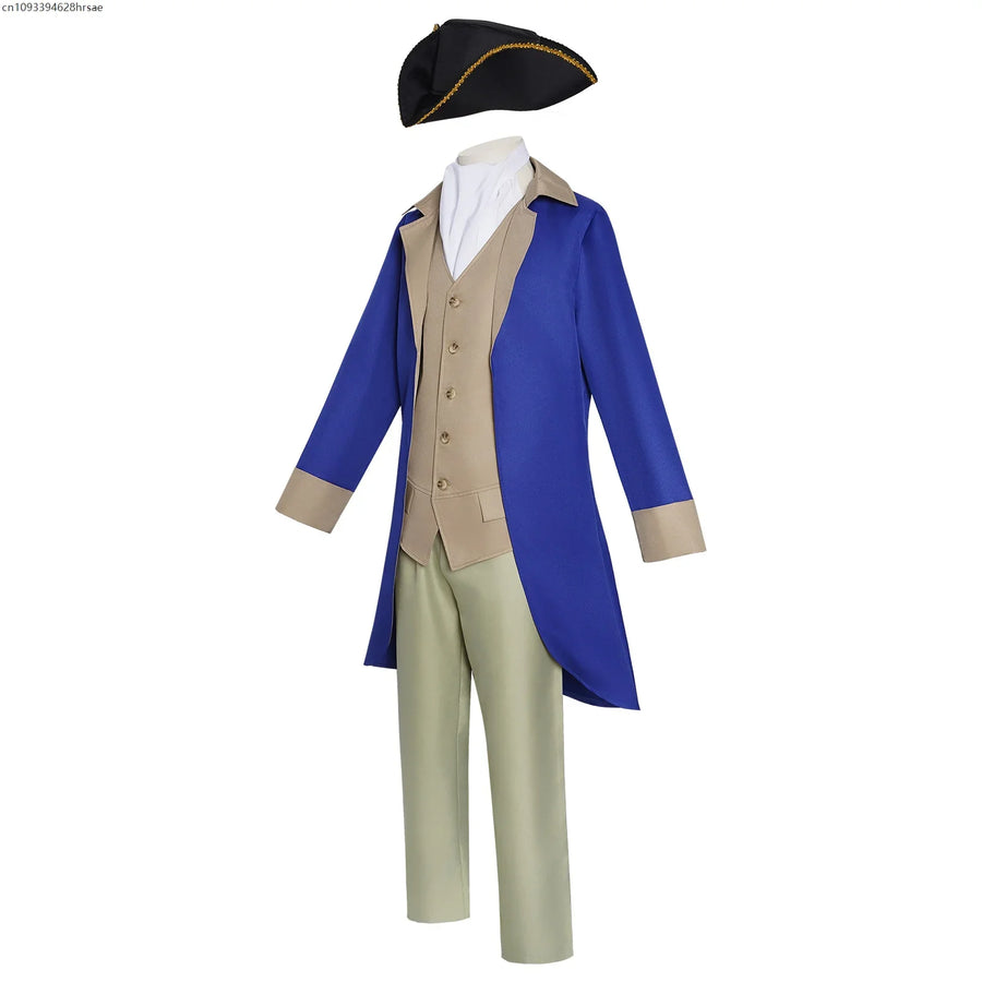 Historisk herrekostume i blå og beige med trekantet hat og vest
