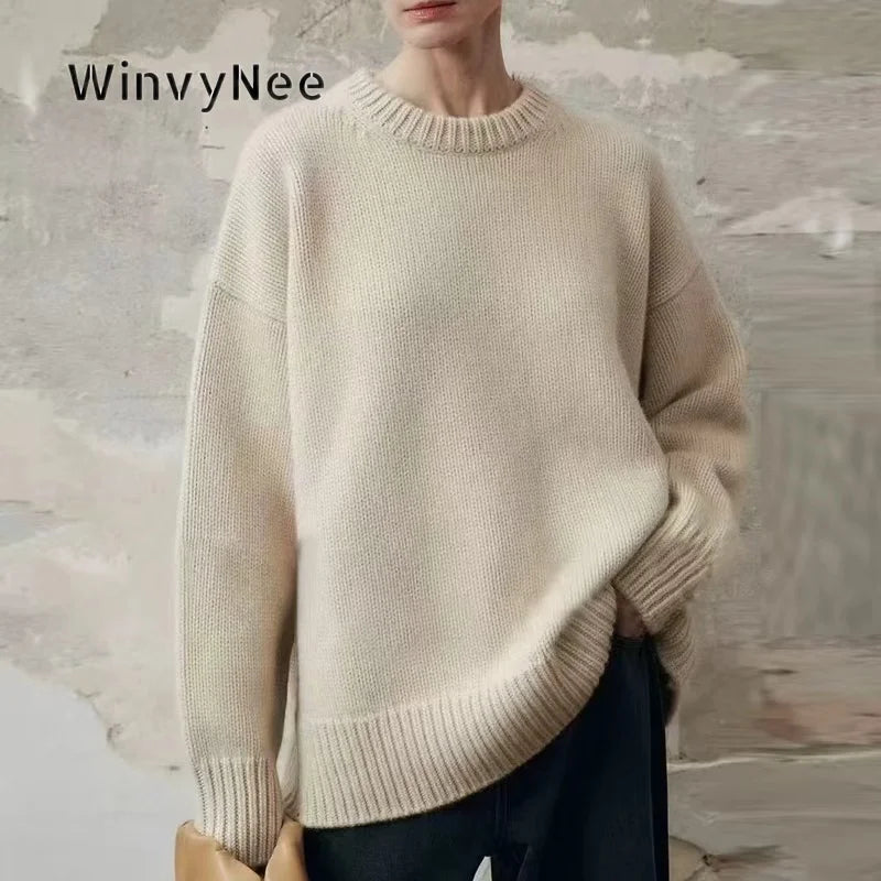 Oversized pullover til kvinder i brun strik med rund hals