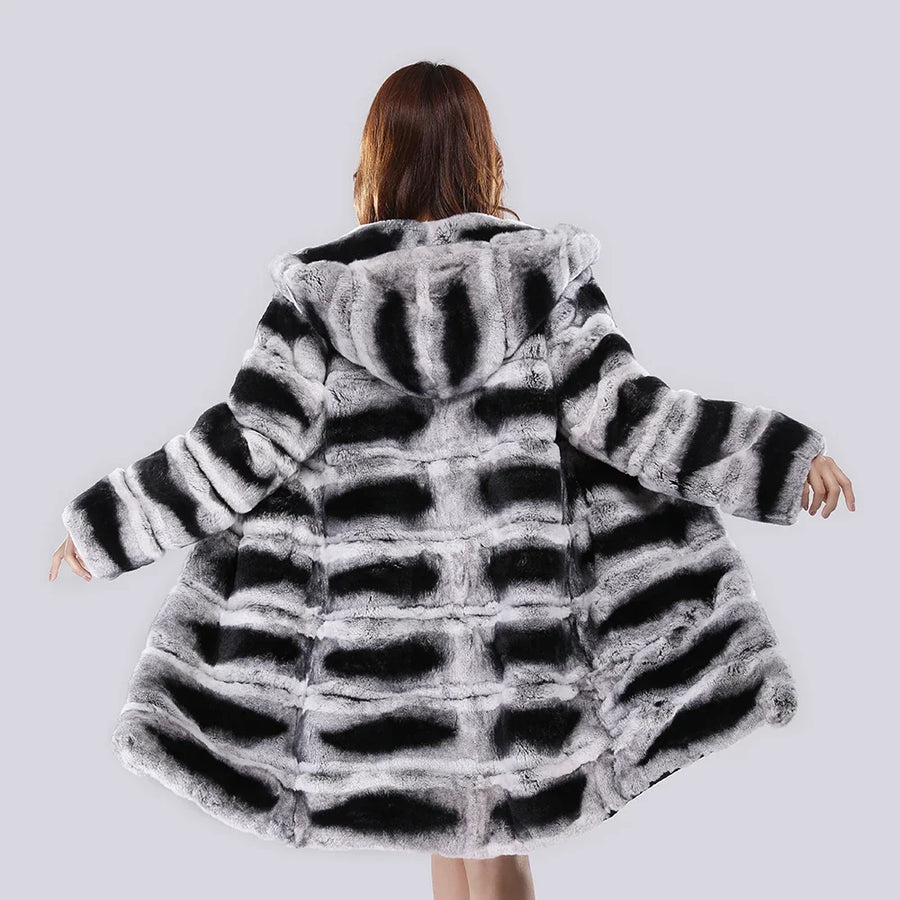 Manteau à capuche femme en fausse fourrure rayée noir et blanc