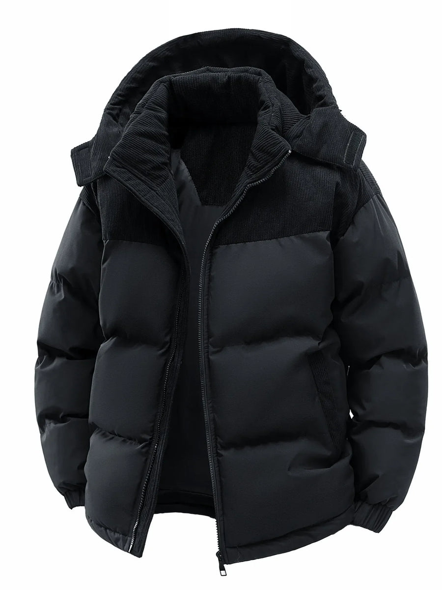 Black two-tone quilted hooded puffer jacket with corduroy-style design