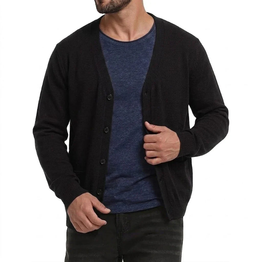 Cardigan da uomo con scollo a V, bottoni, lavorazione a maglia tinta unita, maniche lunghe e tasche