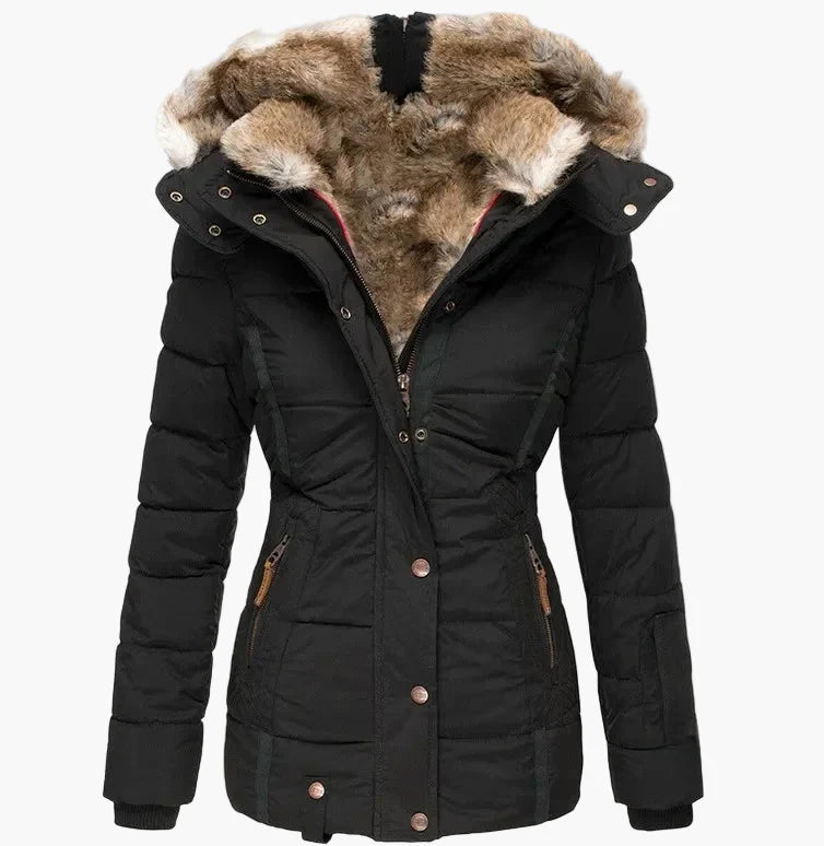 Chaqueta de Invierno para Mujer Elegante con Capucha y Piel – Corte Entallado y Estilo Urbano