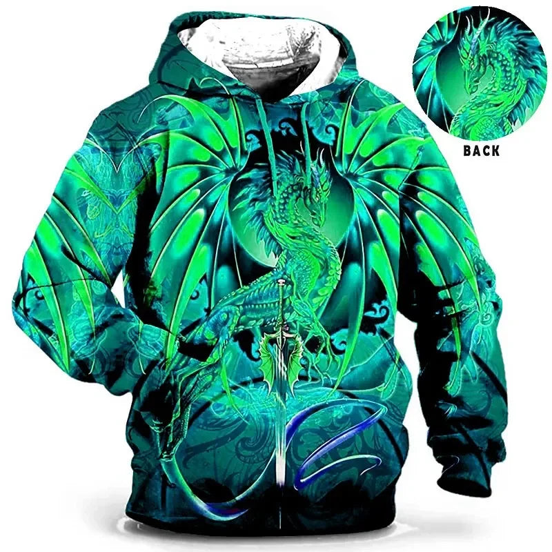Unisex hettegenser med blått bevinget dragemotiv og heldekkende grafisk motiv