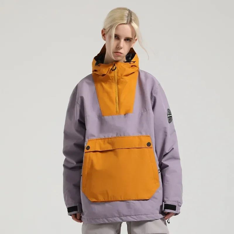 Damen-Anorak-Skijacke mit Kapuze, wasserdicht und winddicht, mit großer Fronttasche