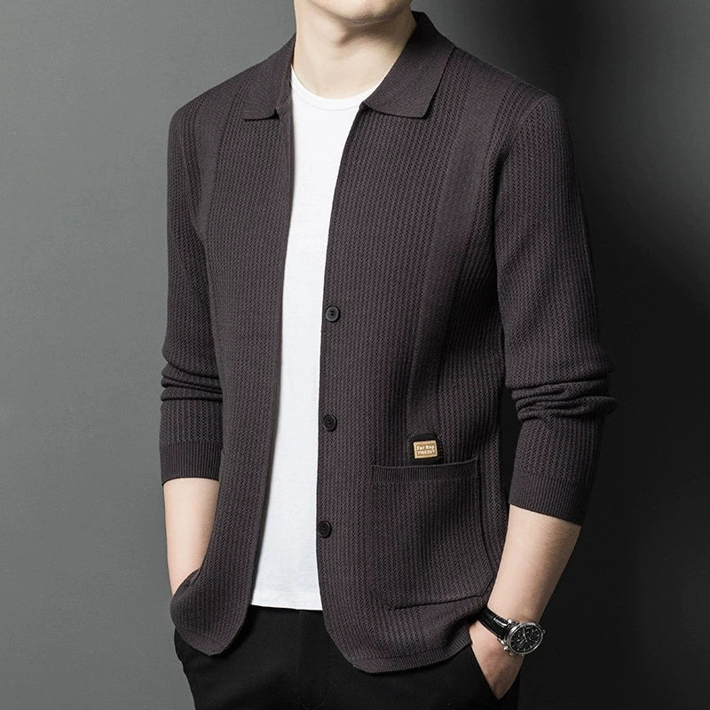 Cardigan Homme Tricot Col Polo Boutonné Poches Plaquées