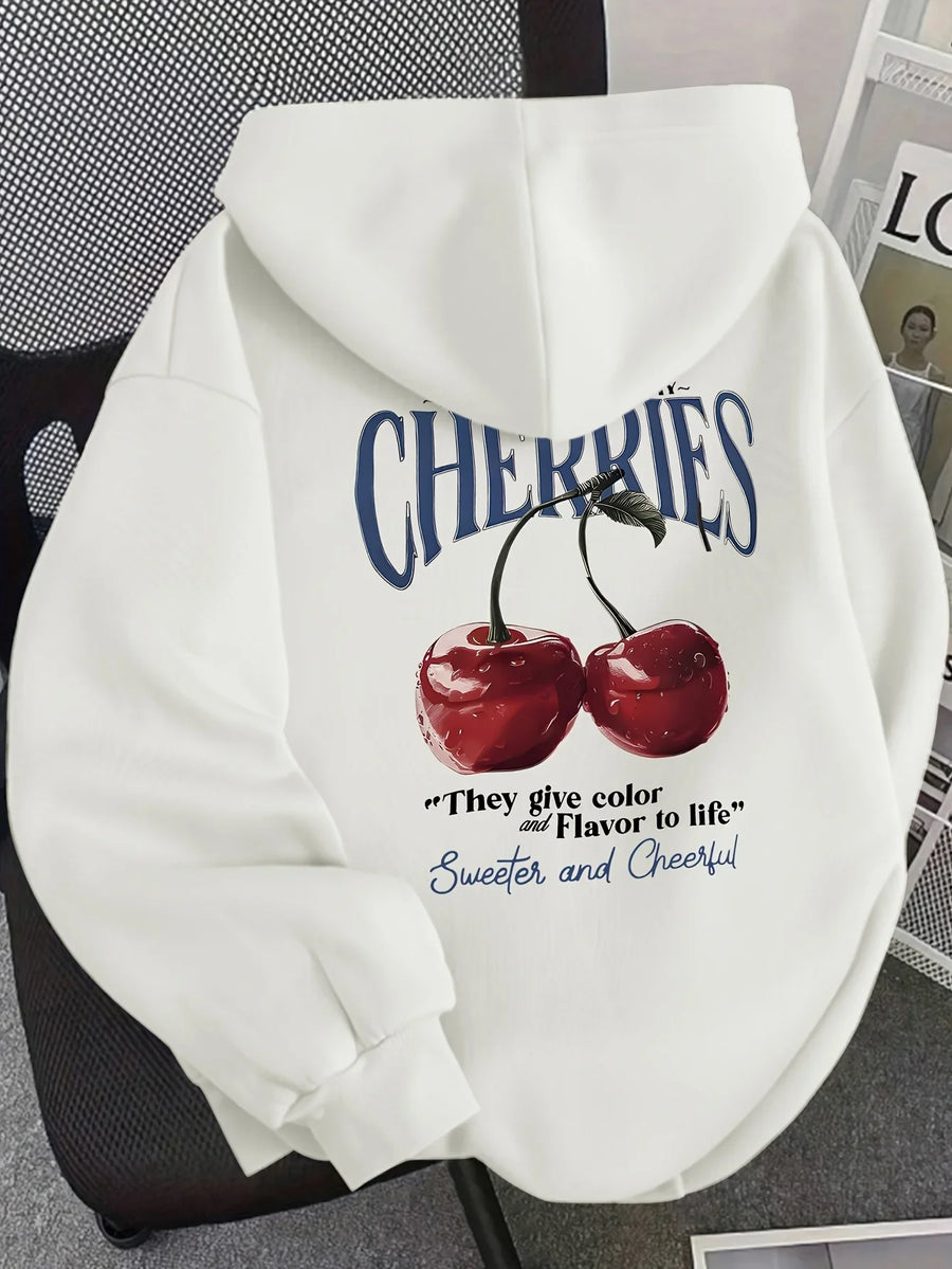 Damska bluza z kapturem „Cherries” z nadrukiem wiśni i tekstu, melanżowa szara
