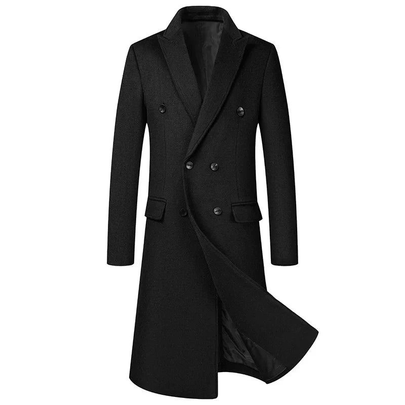 Abrigo largo gris para hombre con doble botonadura y estilo clásico