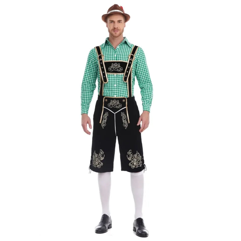 Bayersk herrekostume med korte seleshorts og ternet skjorte til Oktoberfest