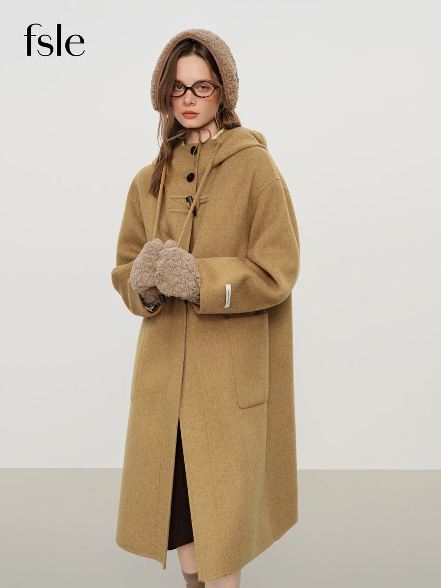 Women's Long Hooded Duffle Coat with Toggle Fastenings and Patch Pockets