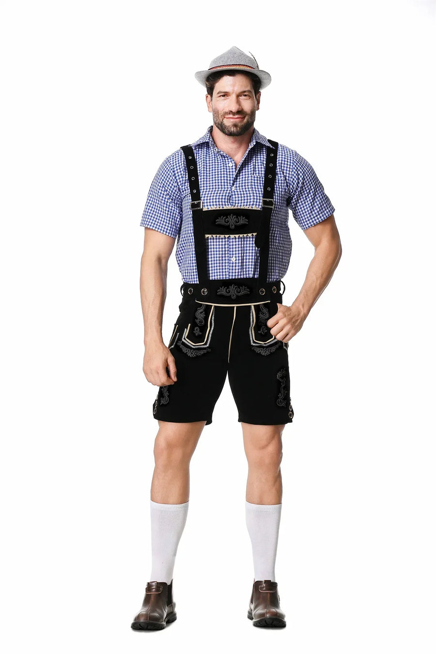 Bayerisches Herren-Festkostüm mit karierter Hemd und kurzer Lederhose