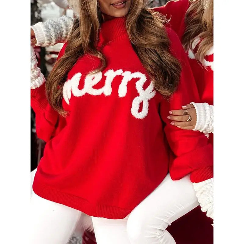 Jersey navideño rojo con inscripción «Merry» y copo de nieve