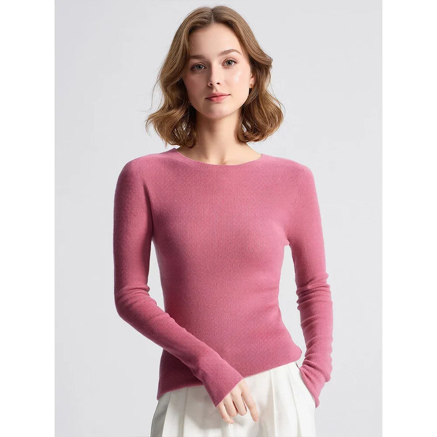 Jersey fino ajustado para mujer con cuello redondo, mangas largas, canalé y color liso