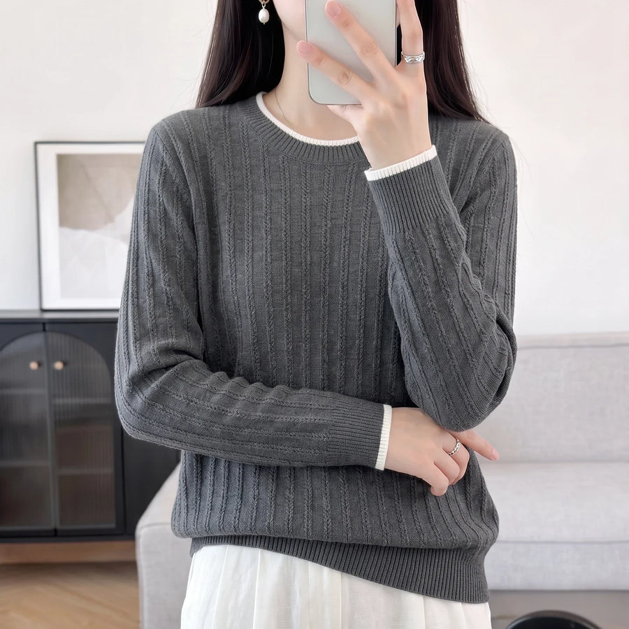 Women's Ribbed Knit Crew Neck Long-Sleeve Sweater with Contrast Finishes