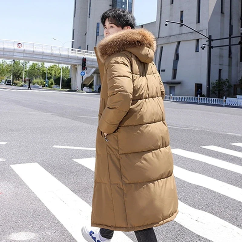 Doudoune longue à capuche homme avec bordure en fausse fourrure, Noir ou Kaki
