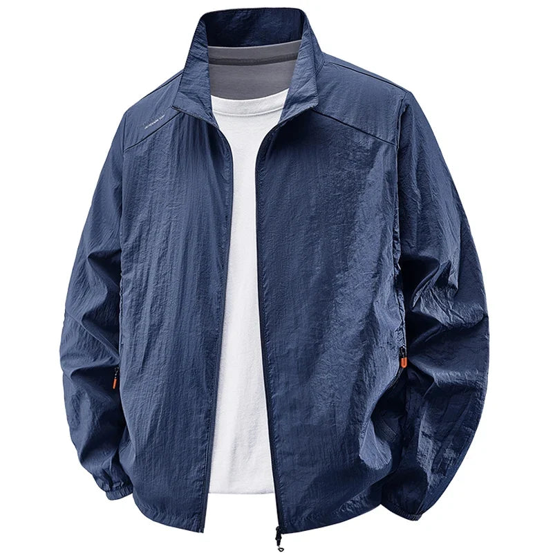 Chaqueta ligera lisa para hombre, cuello alto, corte informal y cierre de cremallera