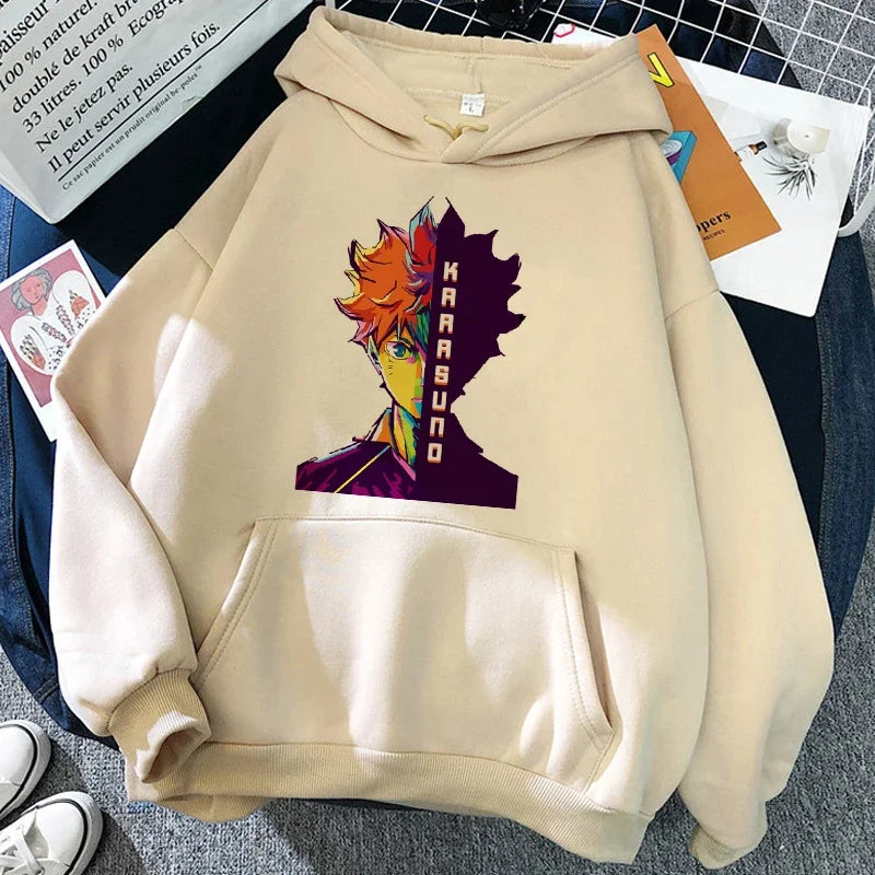 Unisex hettegenser med Haikyuu-grafikktrykk, avslappet stil