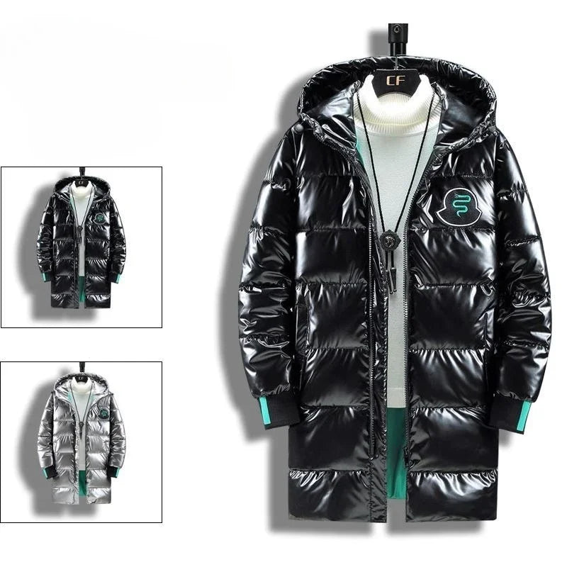 Cappotto piumino lungo con cappuccio, nero lucido, da uomo