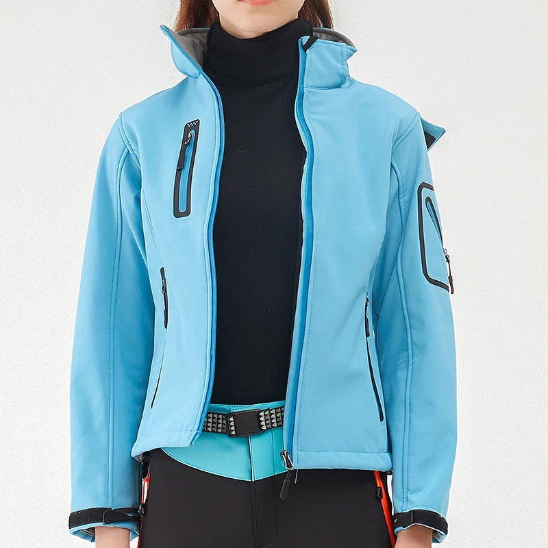 Veste Softshell Femme Zippée Imperméable Respirante Coupe-Vent avec Capuche Amovible