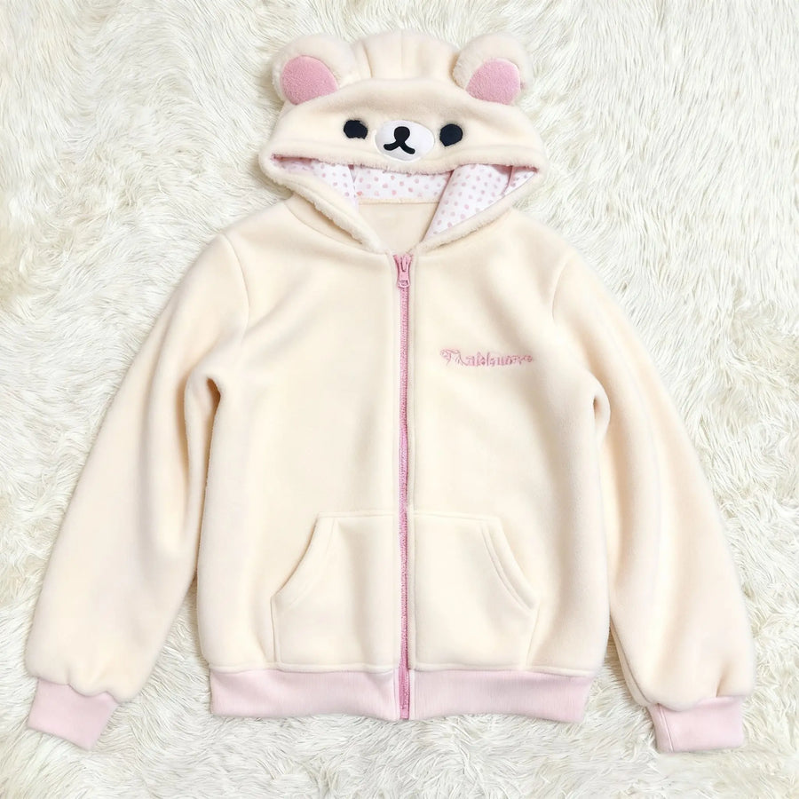 Women's Beige Fleece Zip-Up Hoodie with Animal Ears and Face
